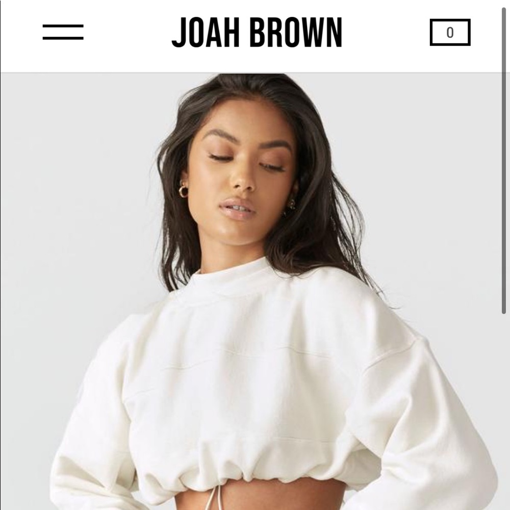 Joah Brown White Cropped Drawstring Sweatshirt